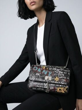 Dkny Black Graffiti-Print Leather Shoulder Bag